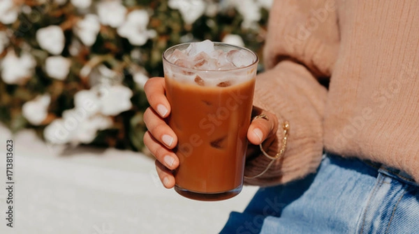 Fototapeta Person's hand holding a glass of iced coffee. the glass is filled with a dark brown liquid and has ice cubes floating on top. the person is wearing a peach-colored sweater and blue jeans.
