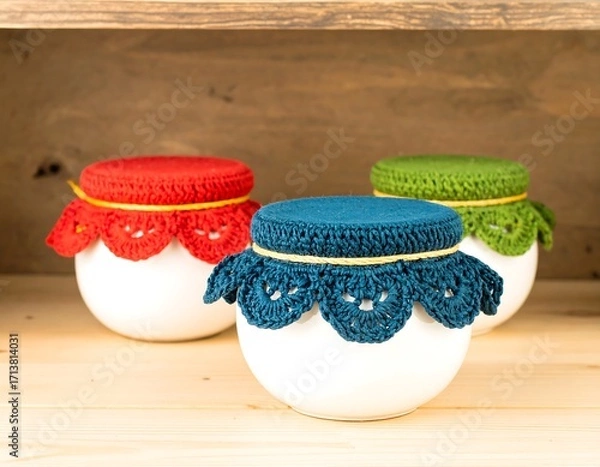 Fototapeta Three white jars with crocheted lids
