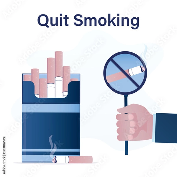 Fototapeta Quit smoking, overcoming addiction. Big user hand with stop sign near tobacco package. Stop smoking, cigarette in prohibition circle signs. Stop bad habits. Ban for nicotine.
