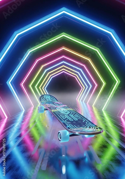 Obraz Futuristic Skateboard in Neon Tunnel