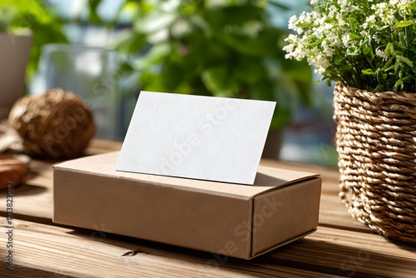Fototapeta Nature Inspired Business Card Mockup on Kraft Box with Greenery