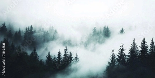 Fototapeta Enigmatic Forest Scene Captured in Soft Fog