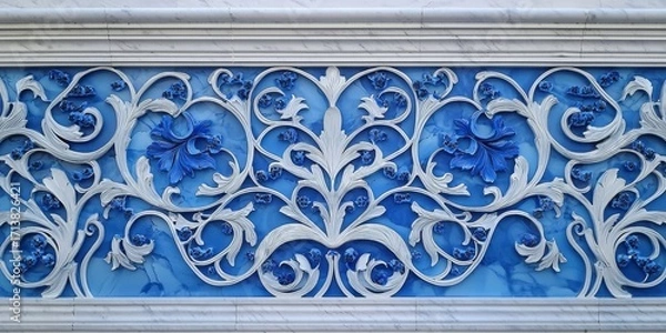 Fototapeta Striking blue decorations adorn the wall, adding charm and character.