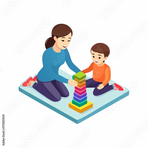 Fototapeta Vector image of Mother and child building colorful towers with wooden blocks learning through play activities