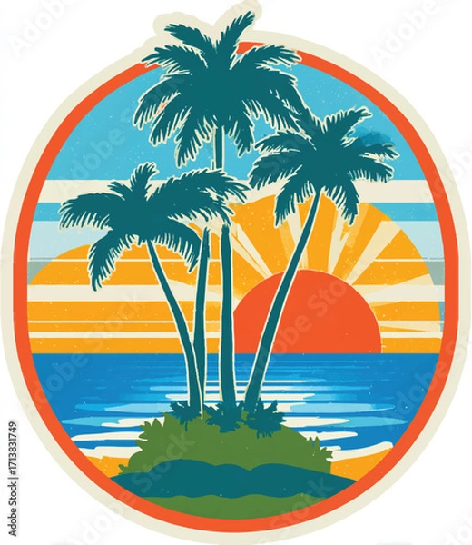 Fototapeta Tropical island sunset with palm trees and warm ocean waves a tranquil vintage design