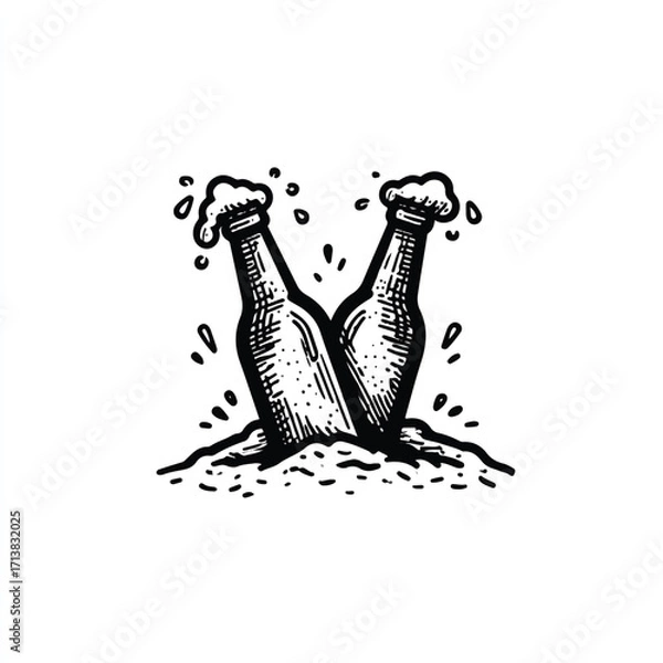 Fototapeta Two beer bottles colliding in vintage engraved style offering celebration and refreshment illustration