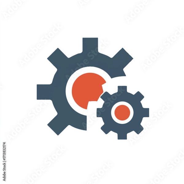 Fototapeta Two gears interlocking representing collaboration technology and teamwork in a system solution or mechanical process engineering icon