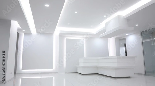 Obraz 訪問者。清潔な白い壁とミニマルなデザインが特徴のモダンなオフィス受付。プロフェッショナルで広々とした空間を演出します。