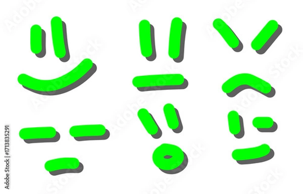 Fototapeta Set of simple green line art smiley faces and hand prints on a white background