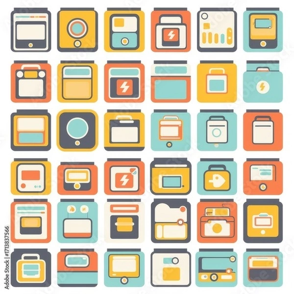 Fototapeta A vibrant collection of colorful digital icons featuring various technology symbols in a modern design.