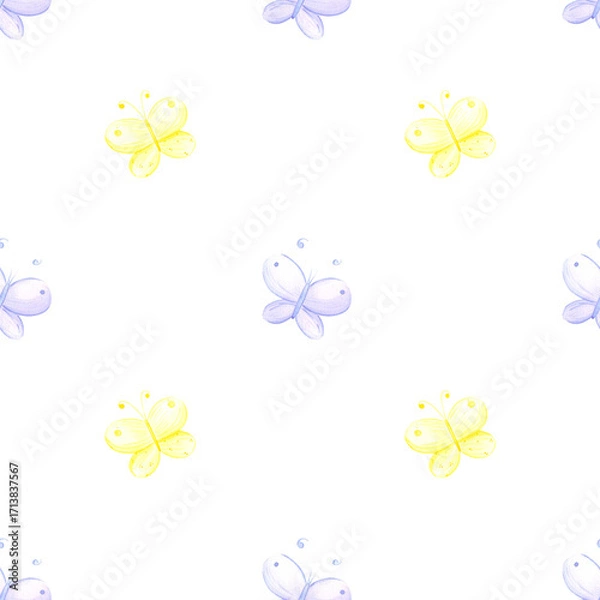 Obraz Hand drawn watercolor blue yellow butterflies seamless pattern. Illustration isolated on white background. Can be used for textile, fabric, scrapbook and other printed products.