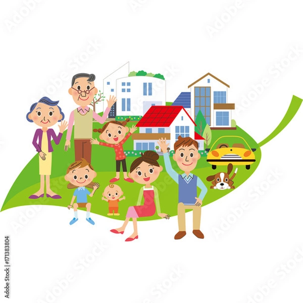 Obraz 葉に乗る三世代家族と家