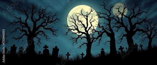 Fototapeta Abstract Halloween background featuring a dark silhouette of gnarled trees and tombstones against a moonlit sky,   graveyard background,  scary