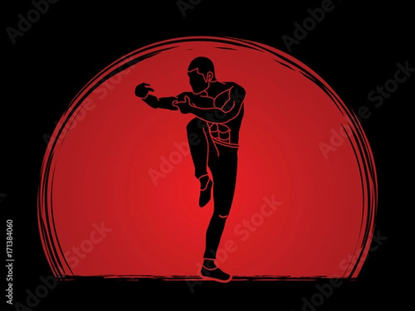 Fototapeta Drunken Kung fu pose designed on sunset background graphic vector.