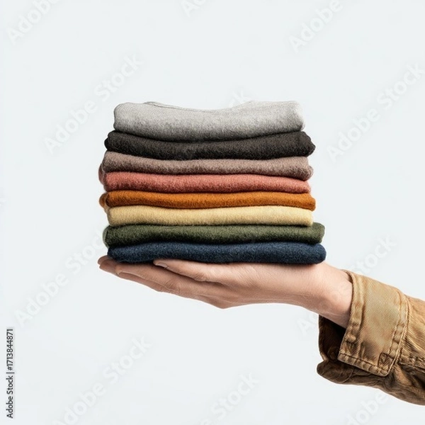Fototapeta A hand holds a stack of folded garments in various colors against a plain background