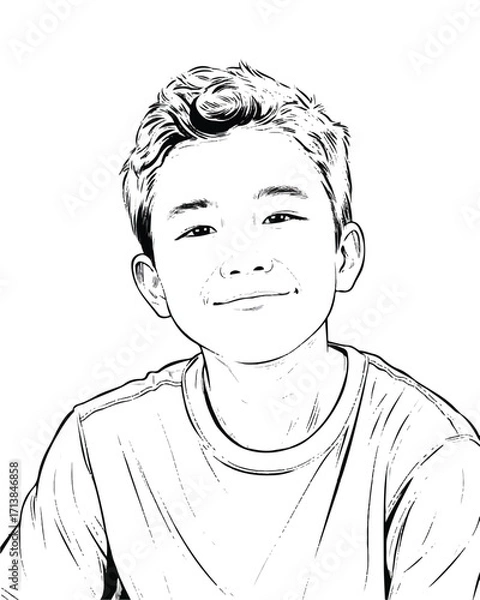 Fototapeta Young Boys Portrait Black and White Line Art with Detailed Features and a Slight Smile Character Illustration