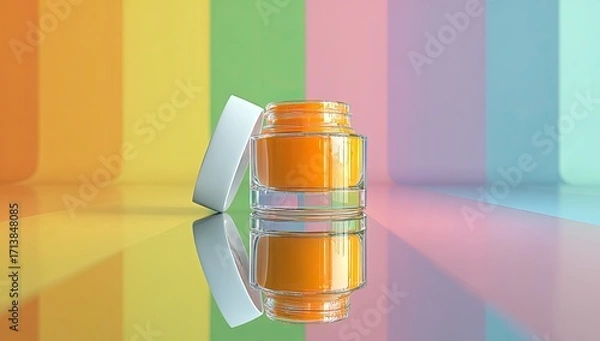 Fototapeta Bright orange cosmetic jar, open, on a colorful background