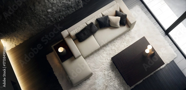 Fototapeta Creative interior concept. Living room with monochrome modern sofa couch, cushion, graphite wood table, brick stone wall, soft lighting. Template for product presentation. Mock up. overhead top view	
