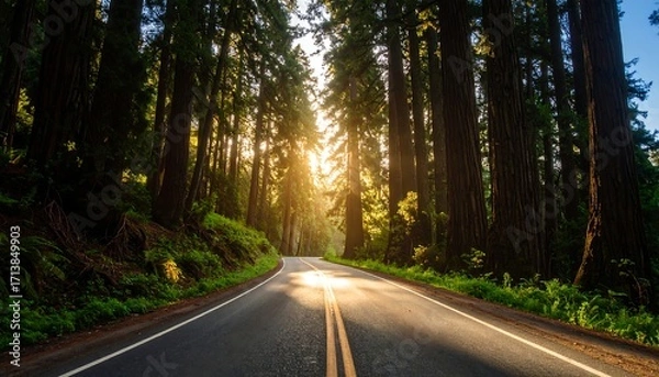 Obraz Sunlight streams through a redwood forest road