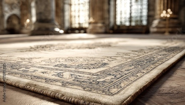 Obraz Antique carpet in a cathedral.  Soft light streams through stained glass windows
