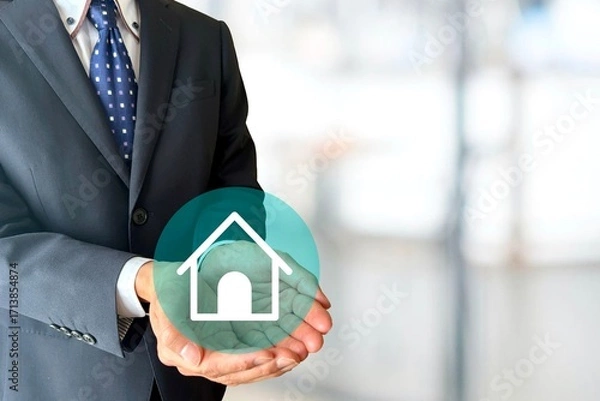 Fototapeta 家のアイコンを持つビジネスマン
