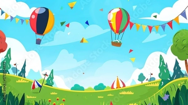 Fototapeta National Day cartoon background images bring a cheerful, playful touch to holiday celebrations, combining bold reds, bright golds, and vivid blues with adorable cartoon characters waving flags, marchi