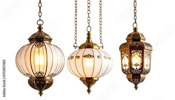 Fototapeta Three hanging lanterns, light-toned glass, ornate metal