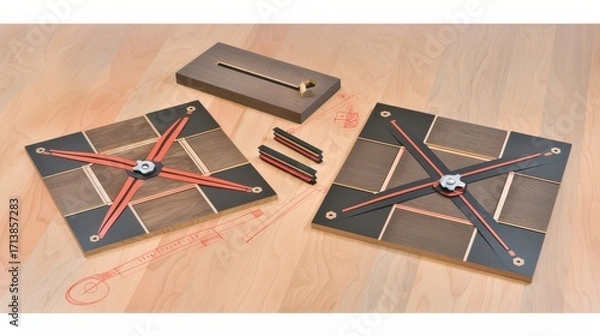 Fototapeta A detailed layout of precision woodworking tools on a wooden surface, showcasing craftsmanship and design.