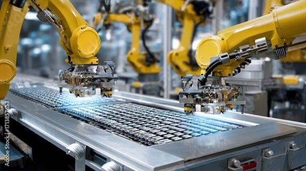 Fototapeta Two robots are working on a conveyor belt