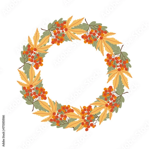 Fototapeta Autumn wreath of chestnut and oak leaves and rowan berries. Seasonal fall frame for text, advertisements, cards and invitations. Cute autumn vector illustration.