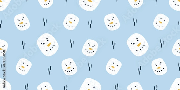 Fototapeta Snowman pattern on light blue background with cheerful designs for winter and holiday decor