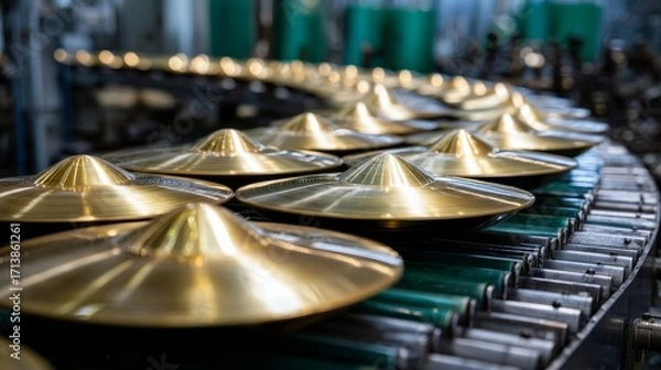 Fototapeta A row of gold colored cymbals are being made in a factory