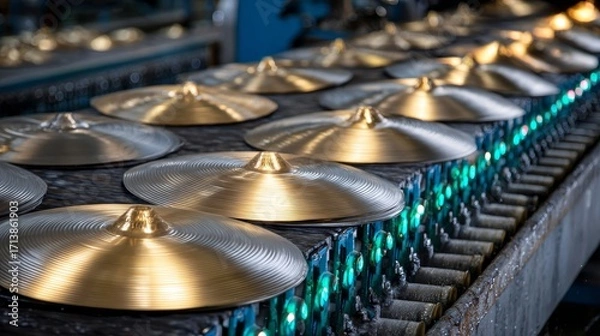 Fototapeta A row of shiny, golden cymbals are being made in a factory