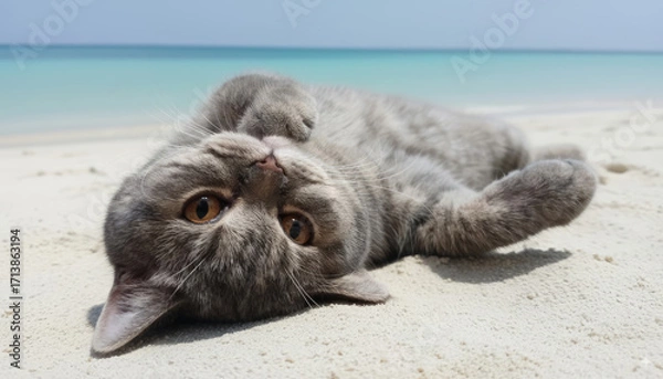 Fototapeta Close-up of a cute, fluffy Scottish Straight cat lying upside down on the soft sand of a tropical beach. The serene turquoise water provides a perfect backdrop for this relaxing feline moment
