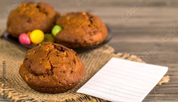 Obraz Three muffins, colorful candies, and a note on a rustic table