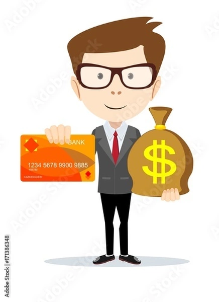 Obraz Man in suit shows plastic cards and money bag. Bank selection concept, conditions of deposits and credits. Vector, illustration, flat