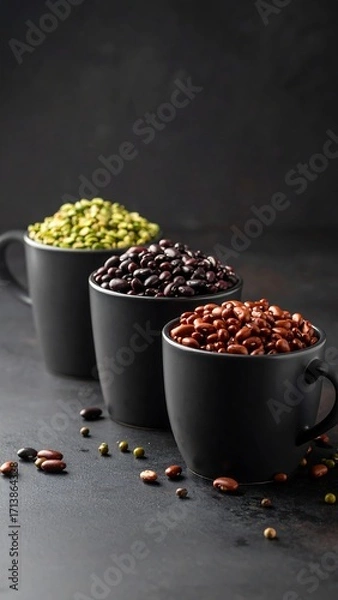 Obraz Three mugs of different beans on a dark surface