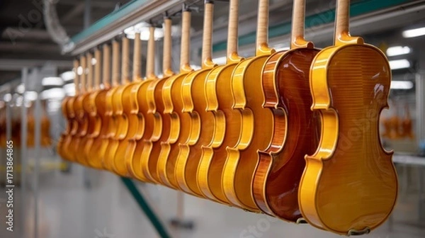 Fototapeta A row of violins hanging from a rack