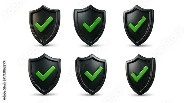 Obraz 3D Black Shields with Green Check Marks, Different Angles, Transparent Background