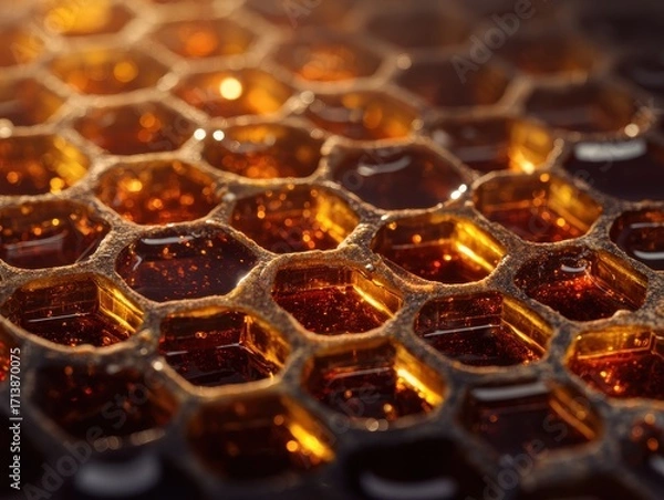 Fototapeta Honeycomb Cells Glowing with Golden Amber Light, Macro Close-up.
