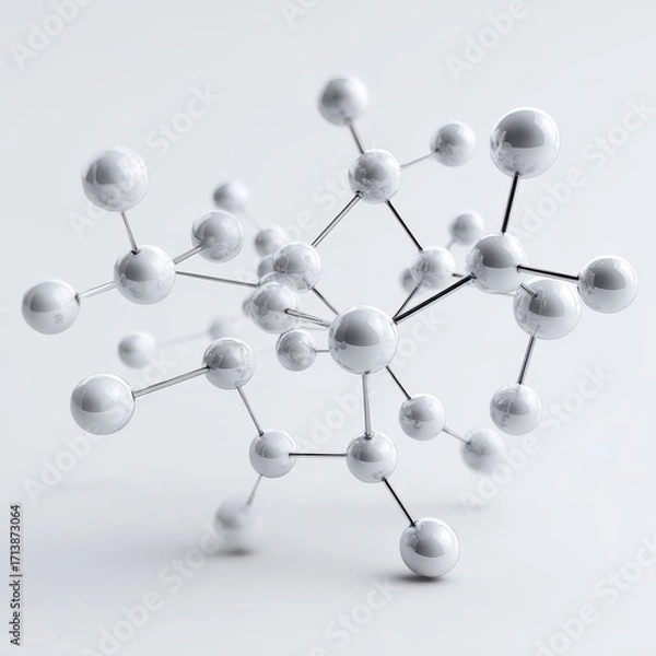 Fototapeta Interconnected Pearlescent Spheres Forming a Complex Molecular Structure on a Minimalist White Background.