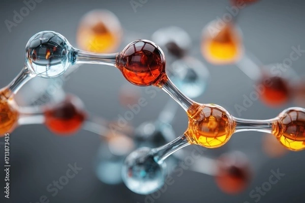 Fototapeta Intricate Glass Molecule - A 3D Render of Atoms with Vibrant Colors and Bokeh.