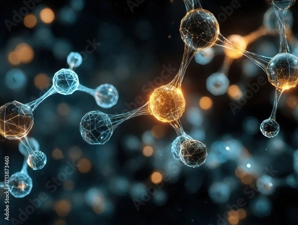 Fototapeta Intricate 3D Molecular Network with Luminous Orange Core and Blue Connections.