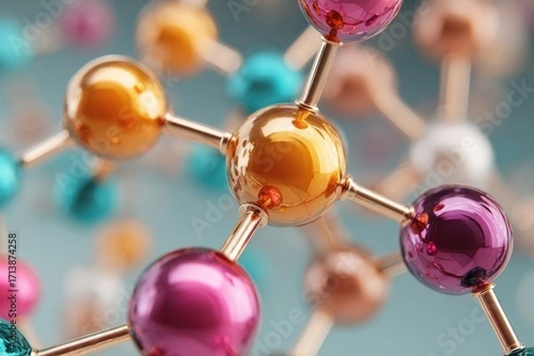 Fototapeta Intricate Molecular Network with a Golden Core and Colorful Metallic Atoms.