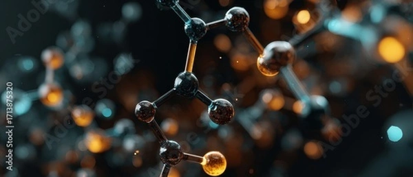 Fototapeta Intricate Molecular Structure Glowing with Amber and Teal Light Amidst Bokeh.