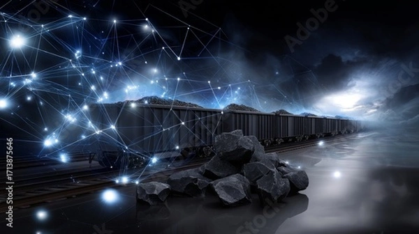 Fototapeta A train with a lot of coal on it is shown in the dark