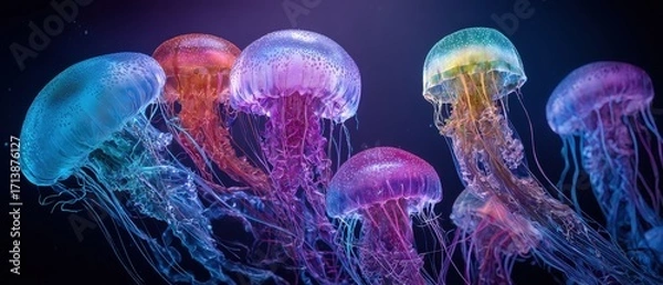 Fototapeta Kaleidoscopic Bloom of Luminous Jellyfish Glowing in a Vibrant Underwater Dance.