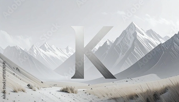 Fototapeta Floating 3D metallic letter K in a mountain valley with mist, pine trees, and wildflowers.