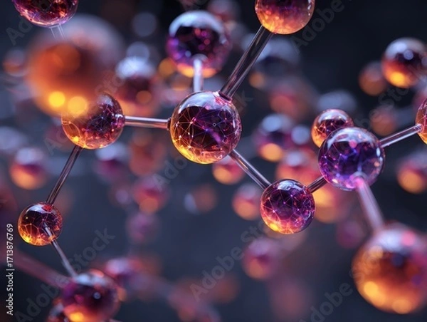 Fototapeta Luminous Network of Interconnected Purple and Gold Glassy Molecules.