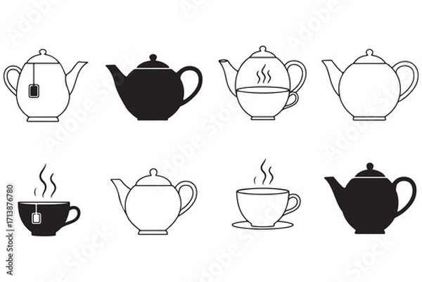Fototapeta Minimalist teapot and teacup icons, black and white kitchenware vector set, tea drink outline illustration.eps